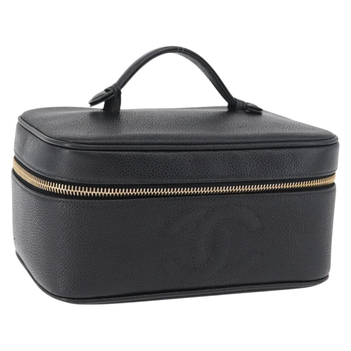 CHANEL COCO Mark Vanity Hand Bag Caviar Skin Black Gold CC Auth 178691