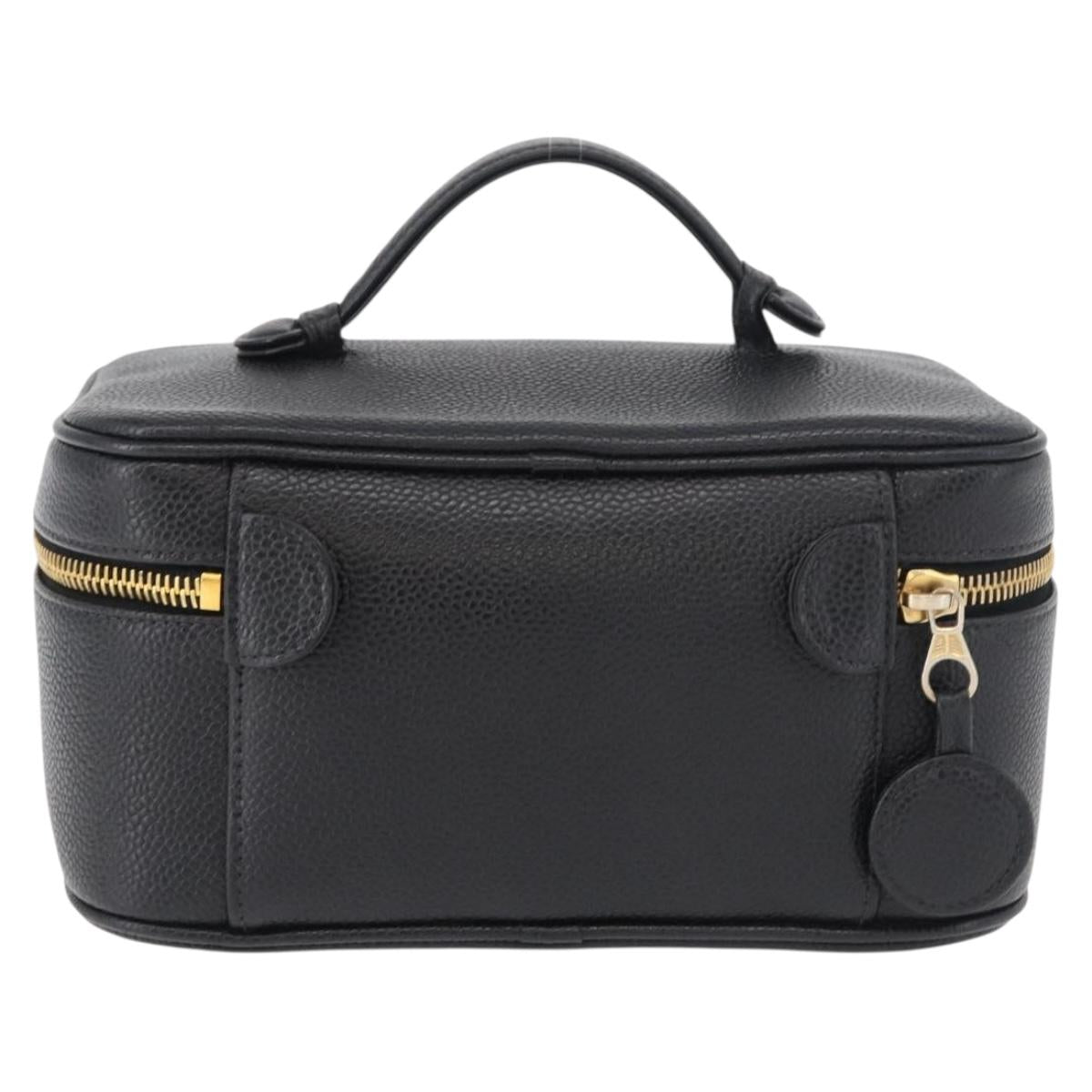 CHANEL COCO Mark Vanity Hand Bag Caviar Skin Black Gold CC Auth 178691