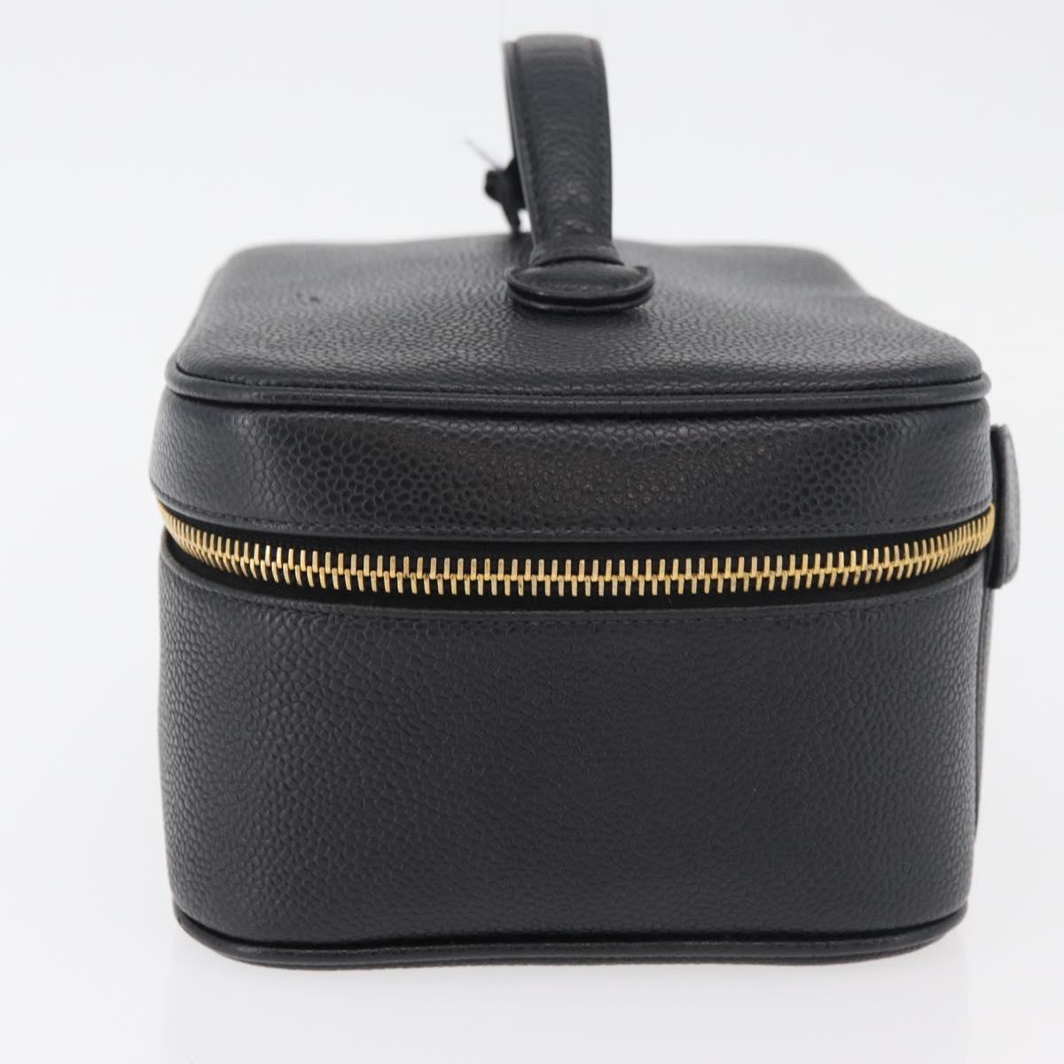 CHANEL COCO Mark Vanity Hand Bag Caviar Skin Black Gold CC Auth 178691