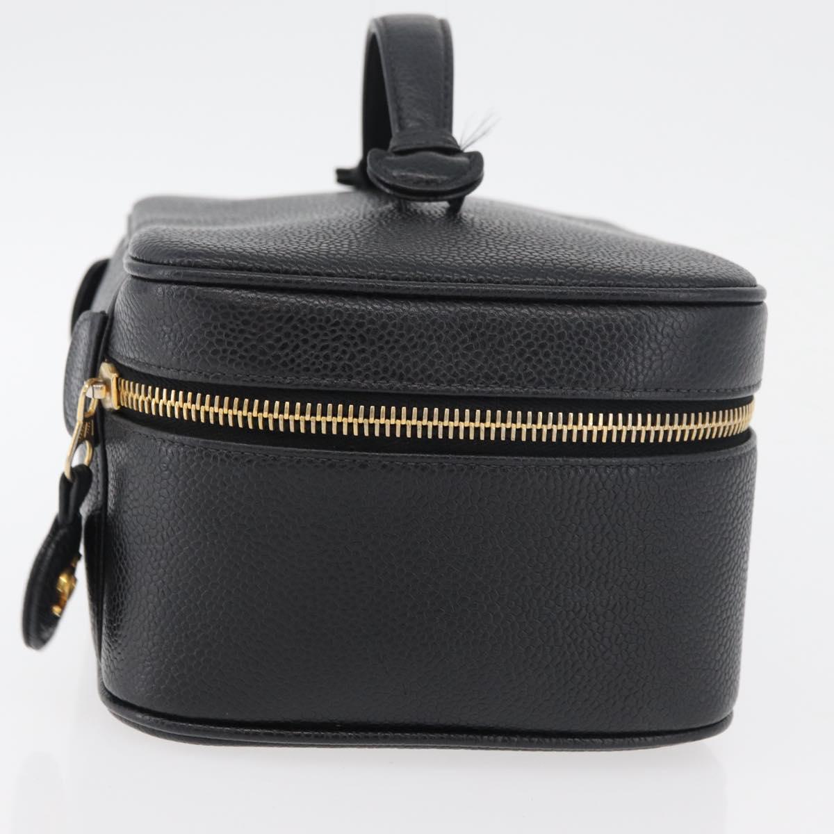 CHANEL COCO Mark Vanity Hand Bag Caviar Skin Black Gold CC Auth 178691