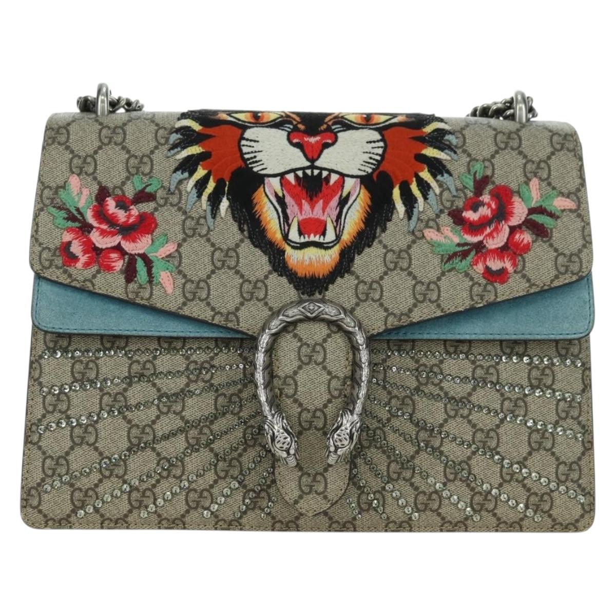 GUCCI Chain Dionysus Angry Cat Bag Leather Beige Silver 403348 Auth 178733V