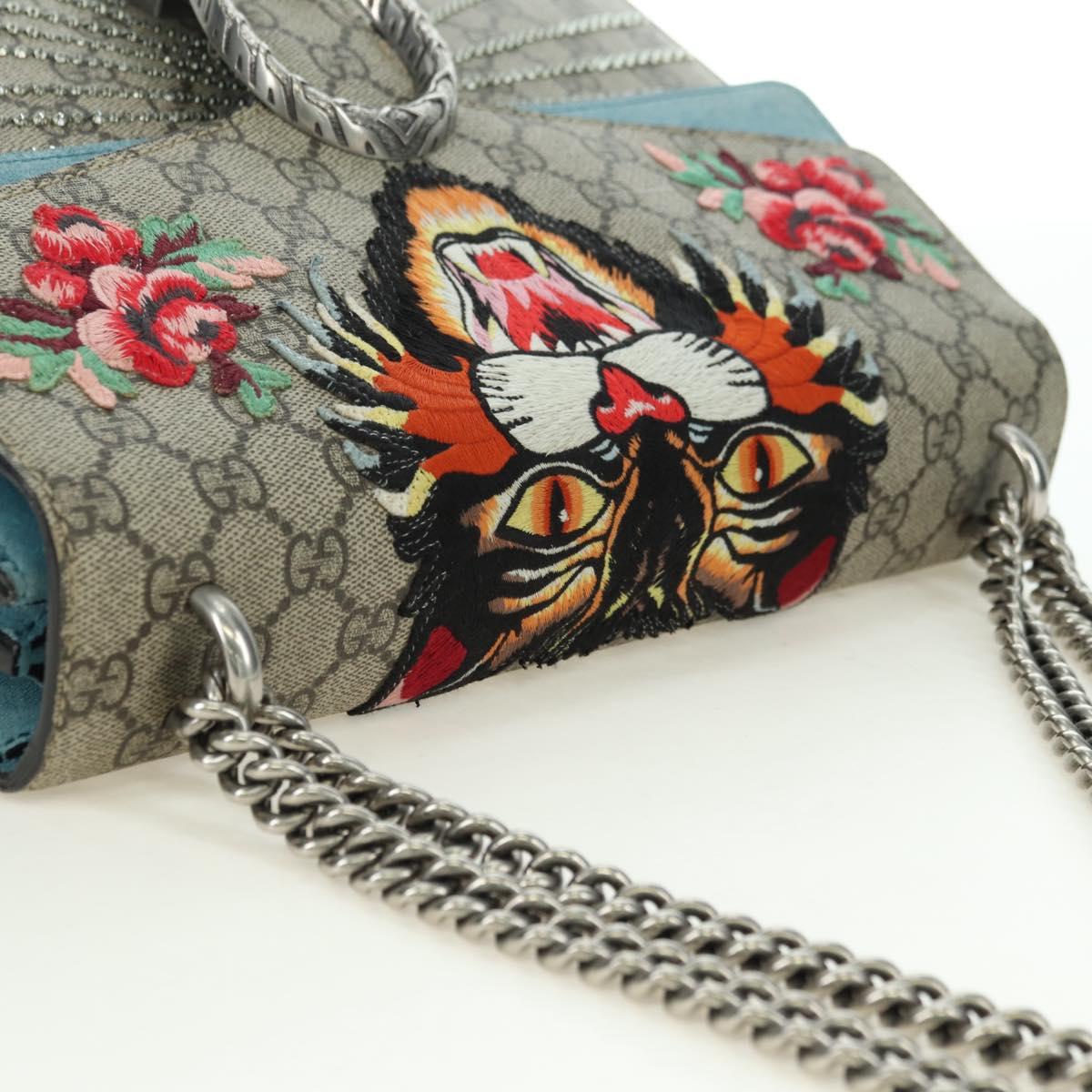 GUCCI Chain Dionysus Angry Cat Bag Leather Beige Silver 403348 Auth 178733V
