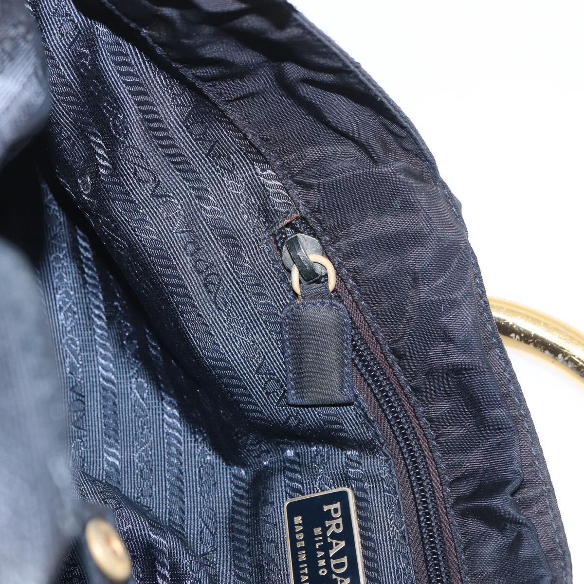 PRADA Metal Handle Hand Bag Nylon Navy Gold Auth 178739