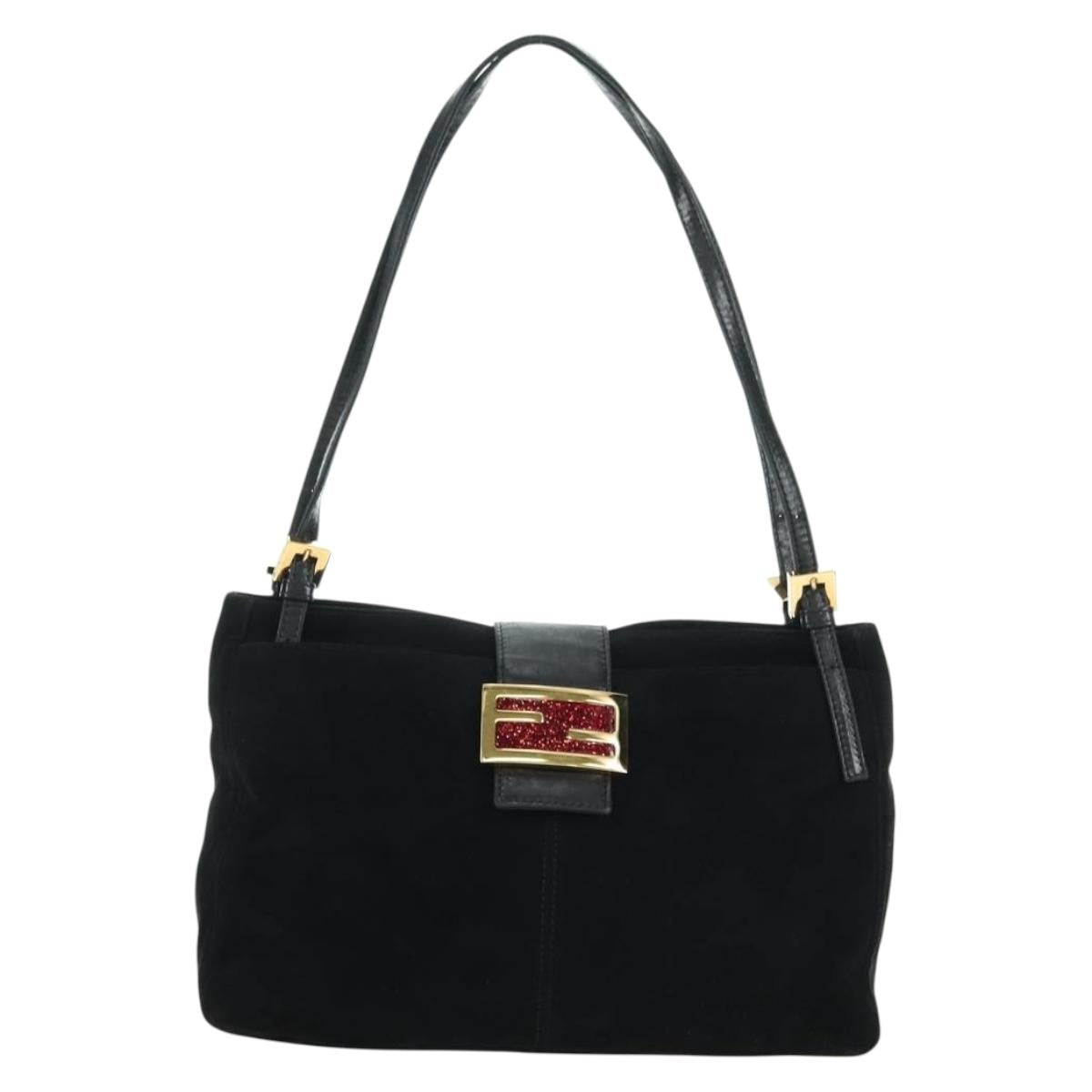 FENDI Mamma Baguette Tote Bag Suede Black Gold Auth 178745V