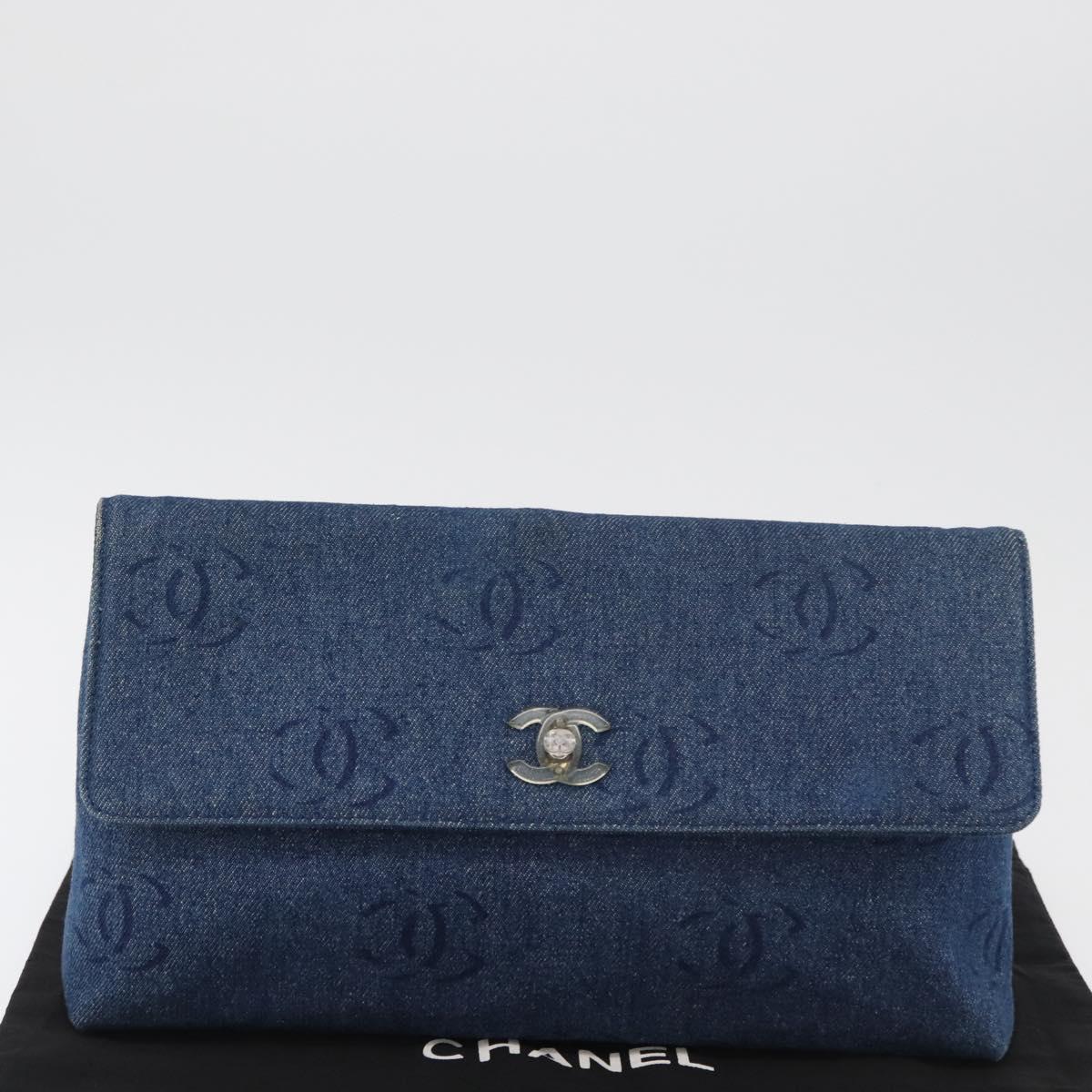 CHANEL Clutch Bag Denim Blue Silver CC Auth 178770SAV