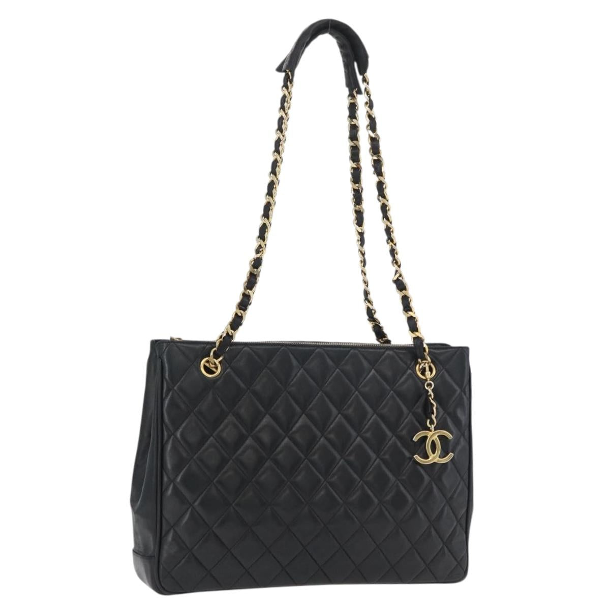 CHANEL Matelasse Chain Tote Bag Lamb Skin Black Gold CC Auth 178772V