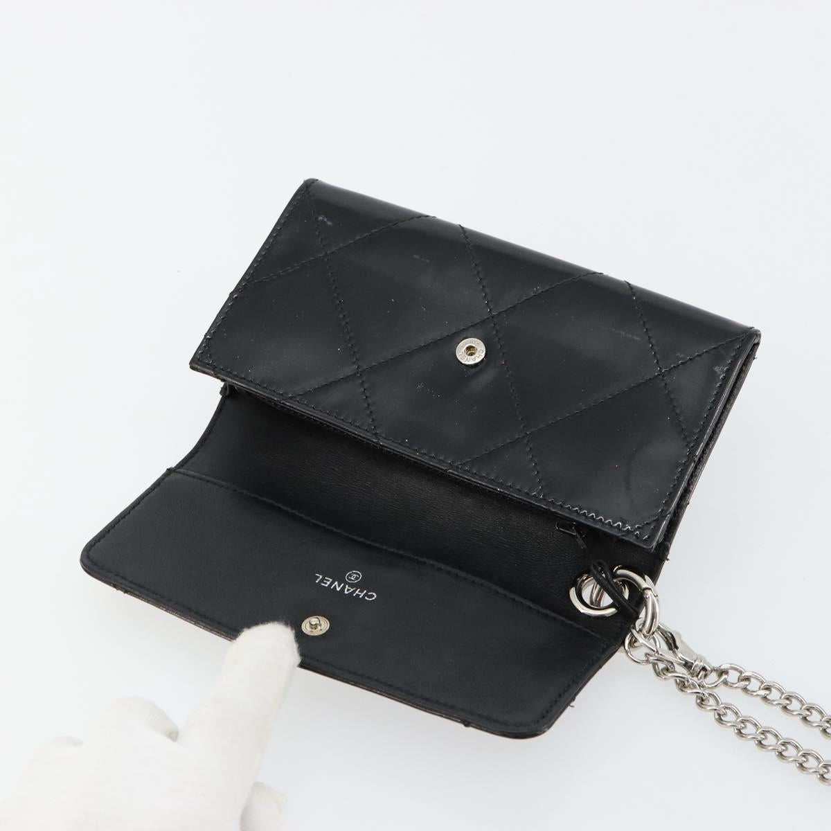 CHANEL Matelasse Chain Wallet Patent leather Black Silver CC Auth 178781A