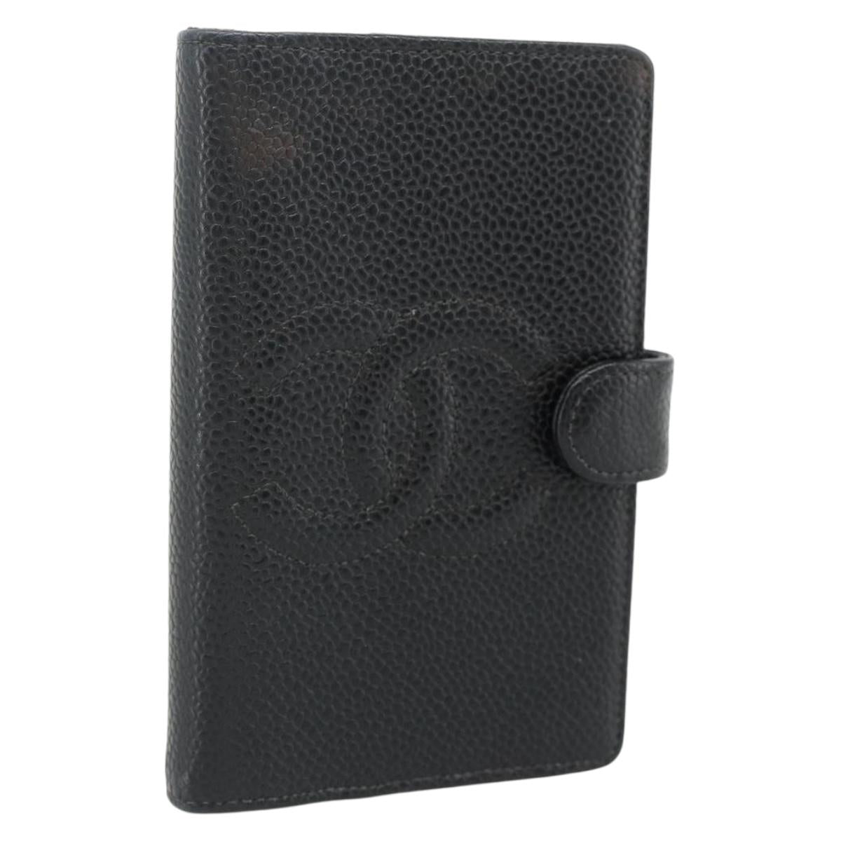 CHANEL Day Planner Cover Caviar Skin Black Gold CC Auth 178788A