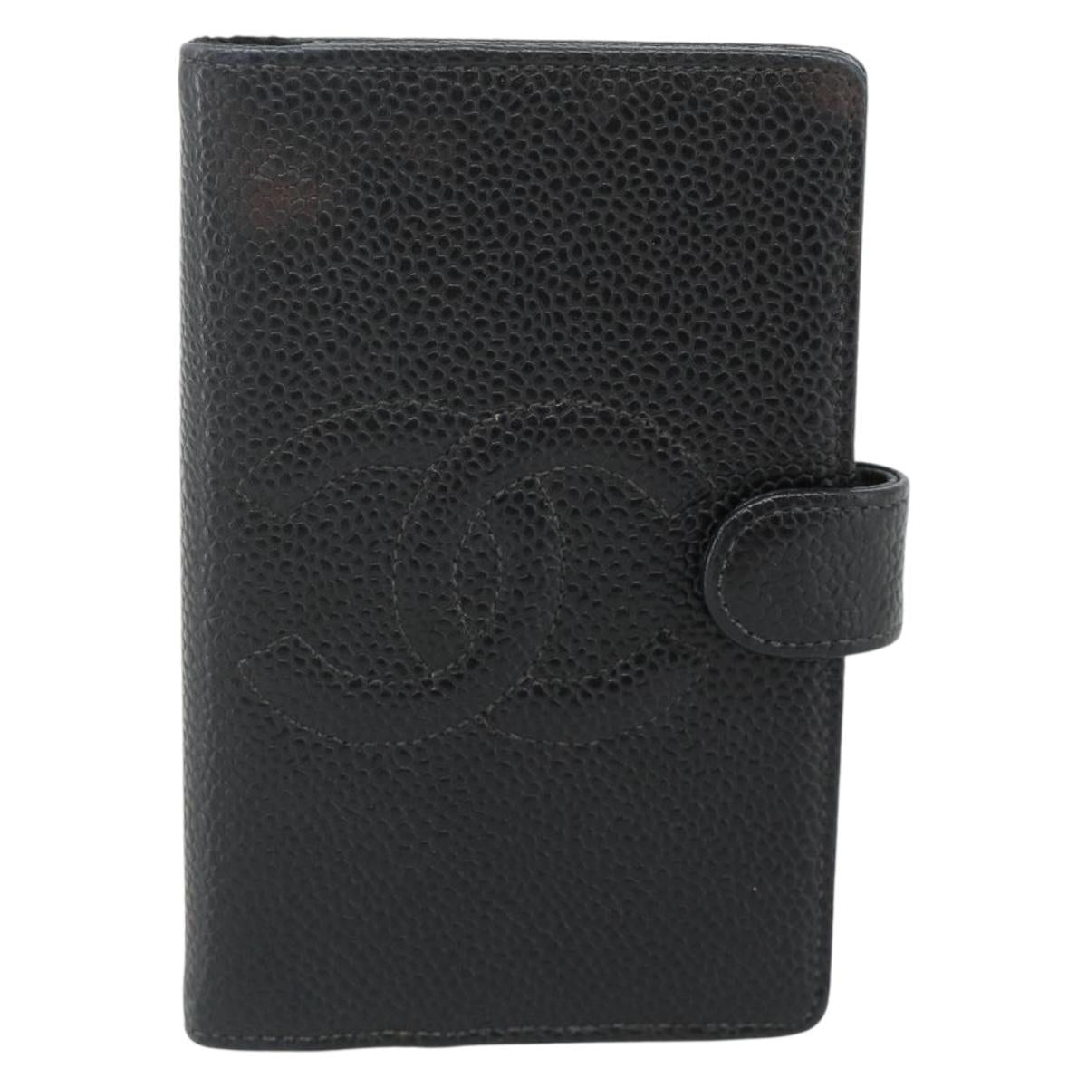 CHANEL Day Planner Cover Caviar Skin Black Gold CC Auth 178788A