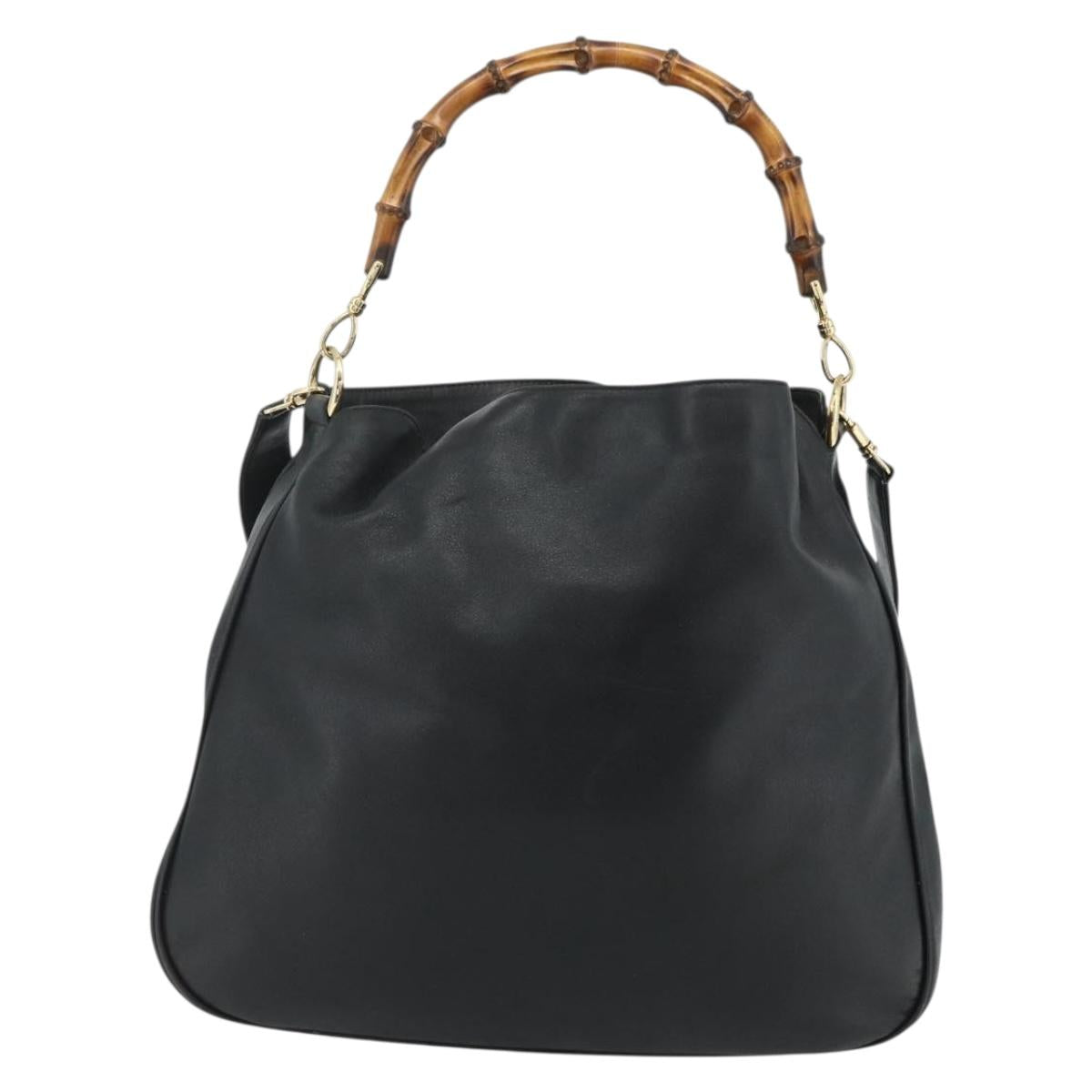 GUCCI Bamboo Shoulder Bag Leather 2way Black Gold 001 1577 Auth 178821