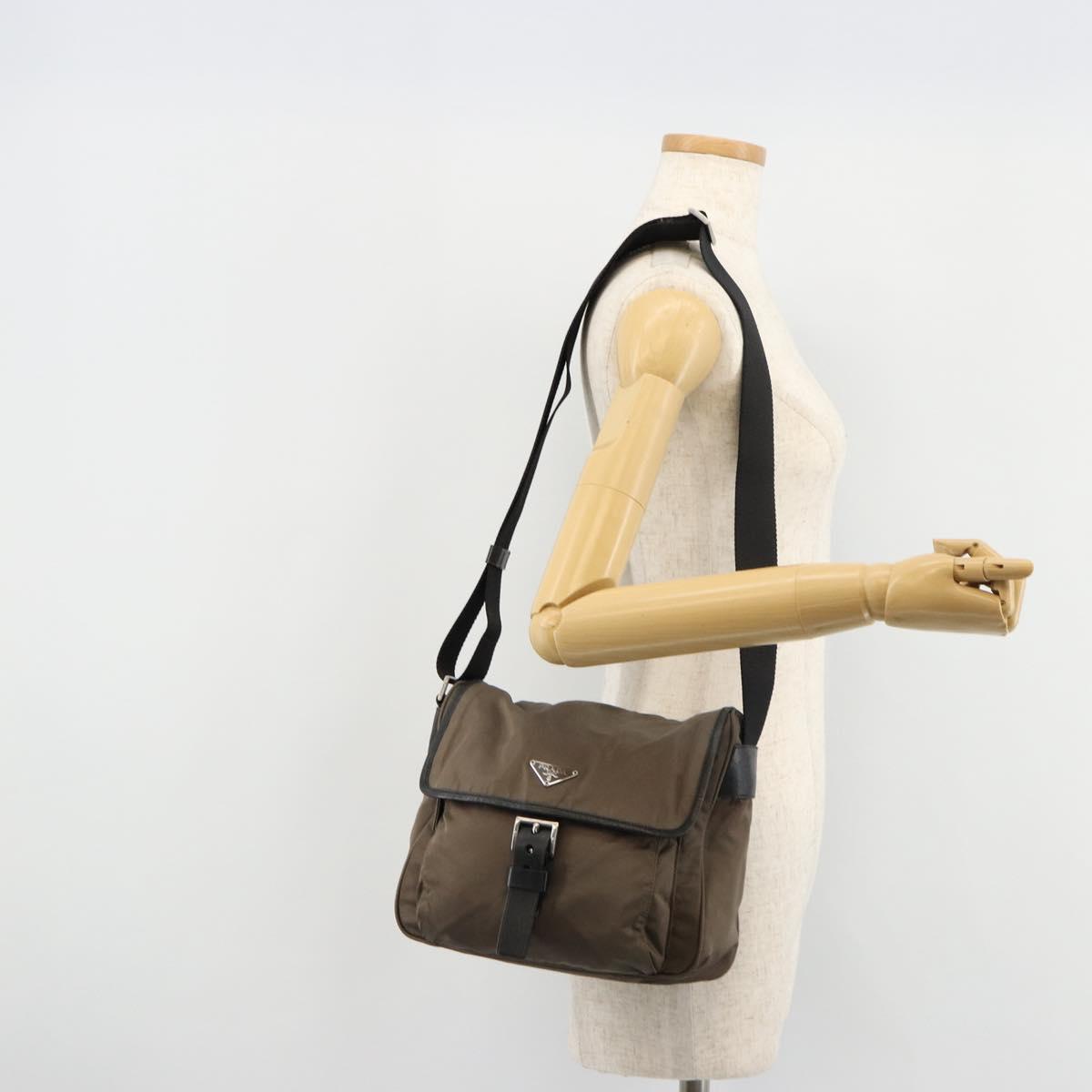 PRADA Shoulder Bag Nylon Beige Silver Auth 178834A