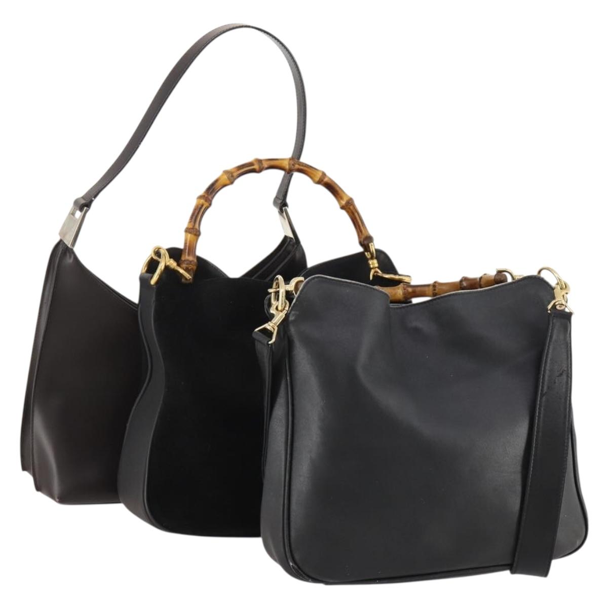 GUCCI Bamboo Shoulder Bag Leather Suede 3 Set 2way Black Dark Brown Auth 178853