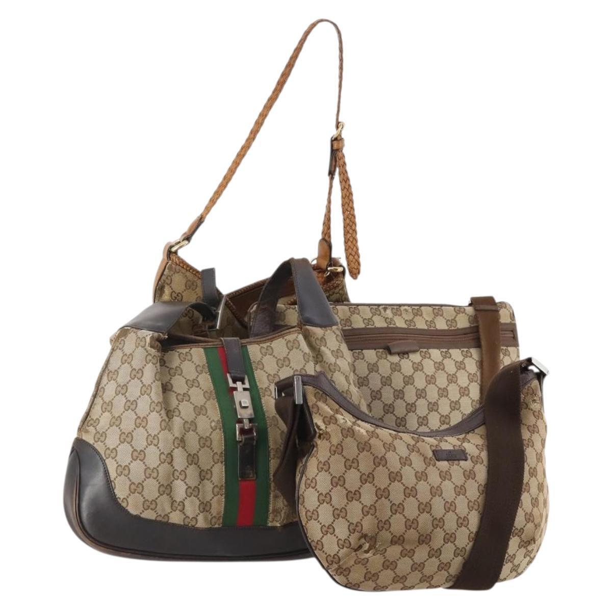 GUCCI GG Canvas Web Sherry Line Shoulder Bag PVC 4 Set Beige Auth 178855