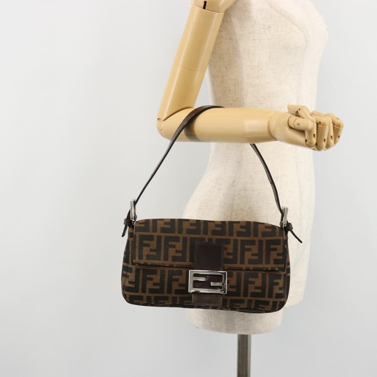 FENDI Zucca Canvas Mamma Baguette Shoulder Bag Black Brown Auth 178866SAM