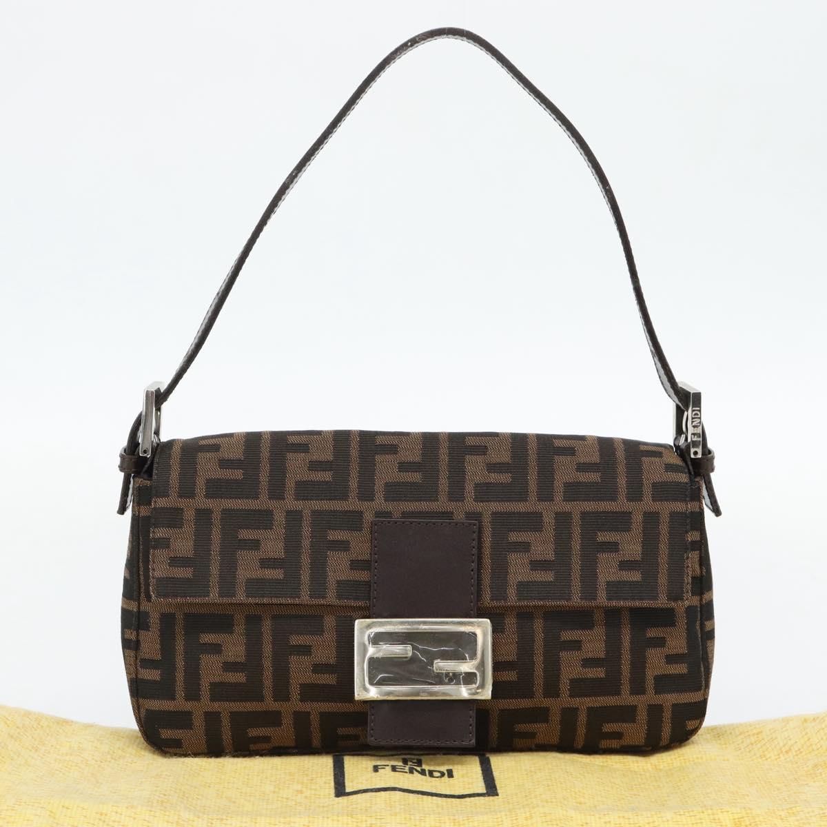 FENDI Zucca Canvas Mamma Baguette Shoulder Bag Black Brown Auth 178872SAM