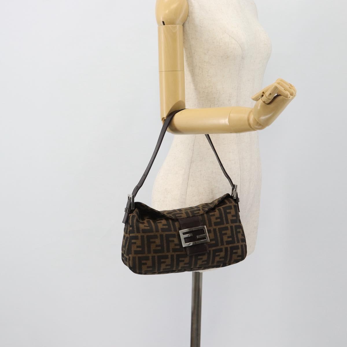 FENDI Zucca Canvas Mamma Baguette Shoulder Bag Black Brown Auth 178877SAM