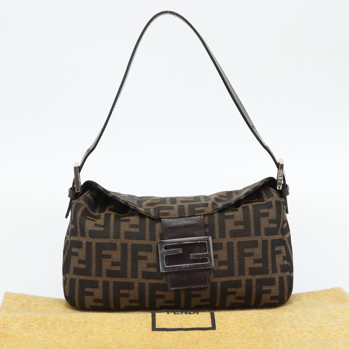 FENDI Zucca Canvas Mamma Baguette Shoulder Bag Black Brown Auth 178877SAM