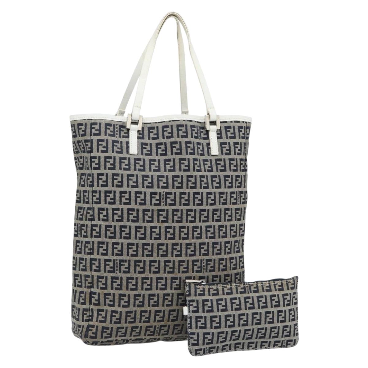 FENDI Zucchino Canvas Hand Bag Navy Silver Auth 178879