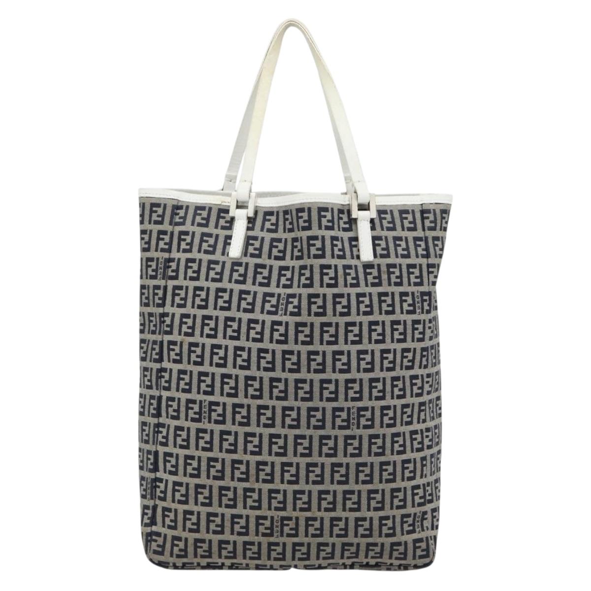 FENDI Zucchino Canvas Hand Bag Navy Silver Auth 178879