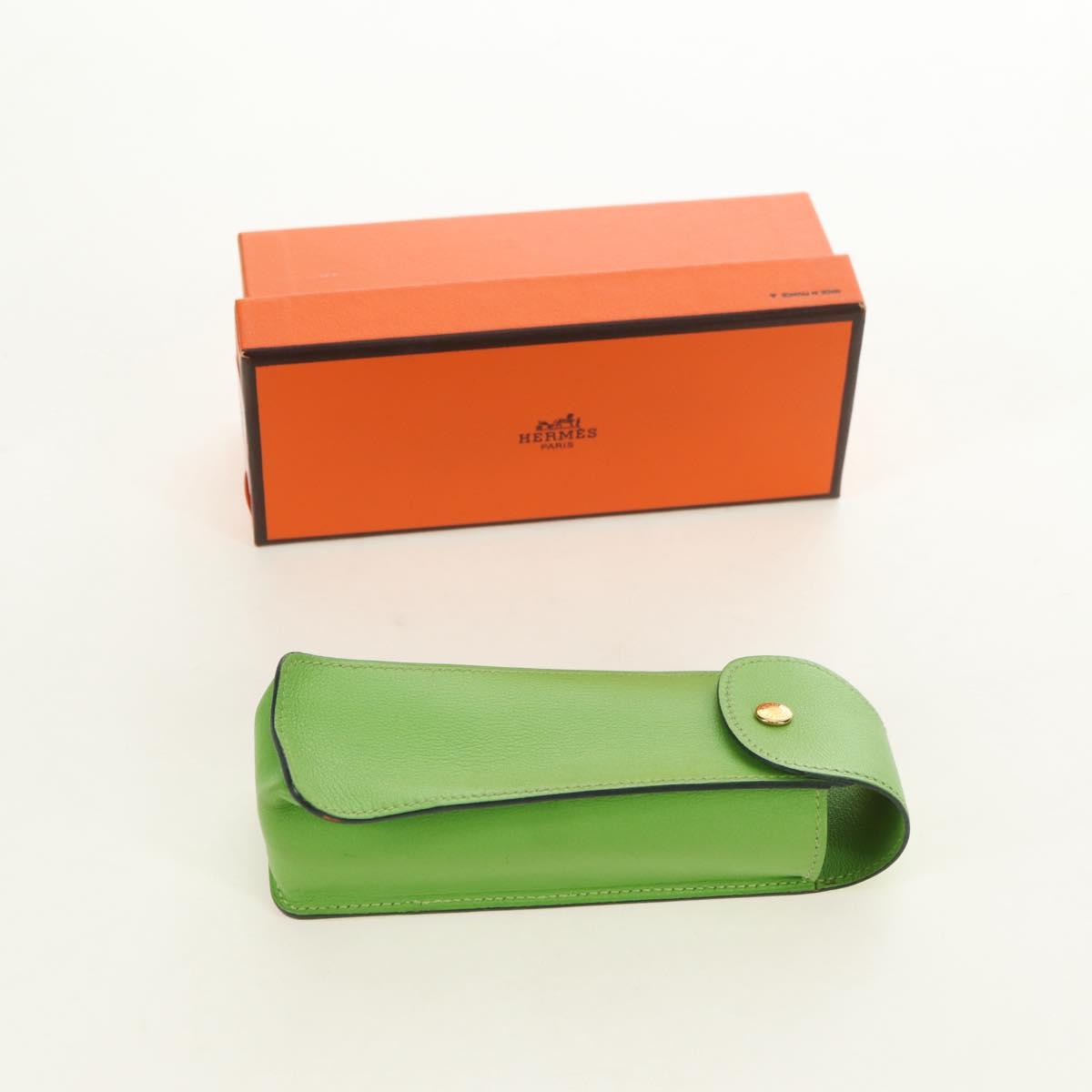 HERMES Pen Case Leather Green Gold Auth 178895M