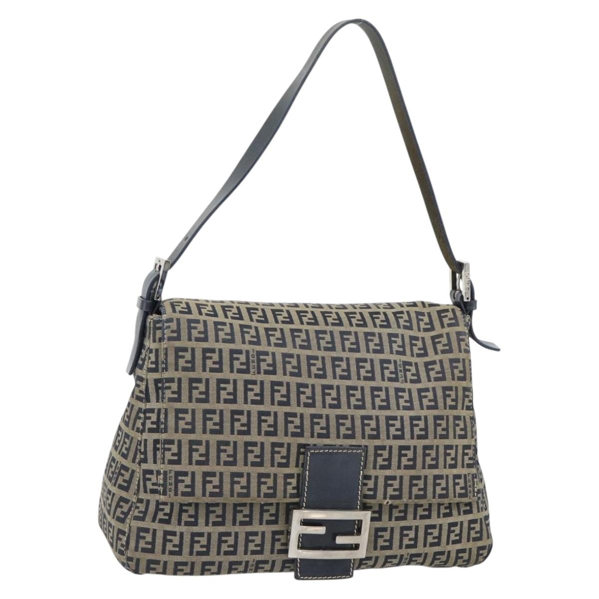 FENDI Zucchino Canvas Mamma Baguette Shoulder Bag Black Brown Auth 178902