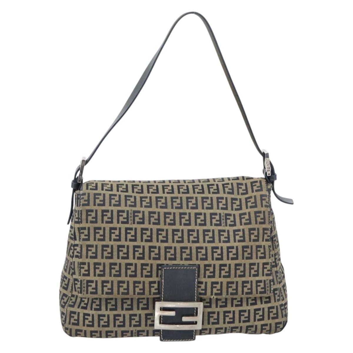 FENDI Zucchino Canvas Mamma Baguette Shoulder Bag Black Brown Auth 178902