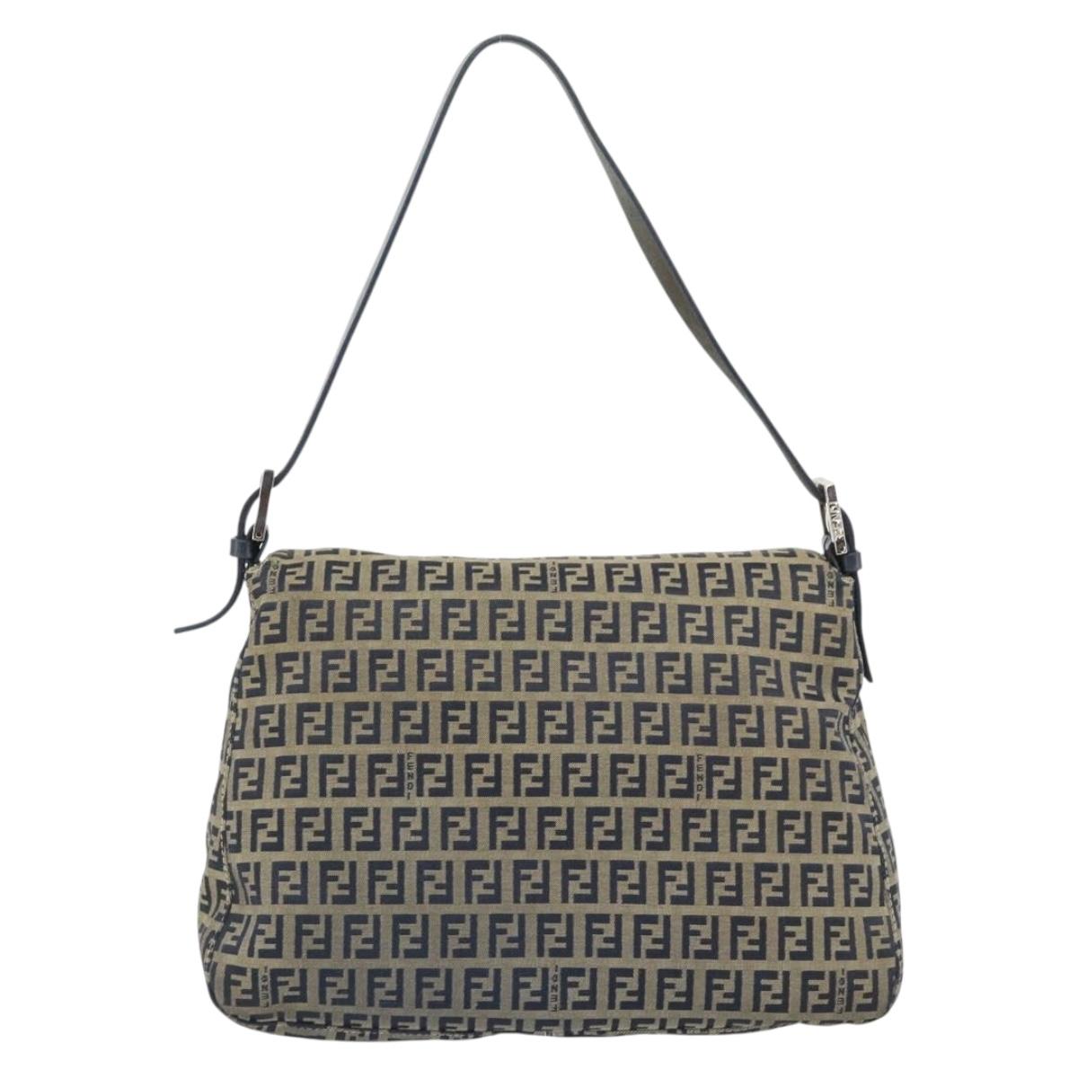 FENDI Zucchino Canvas Mamma Baguette Shoulder Bag Black Brown Auth 178902