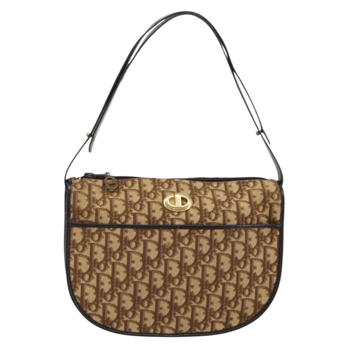 Christian Dior Trotter Canvas Shoulder Bag Beige Gold Auth 178904