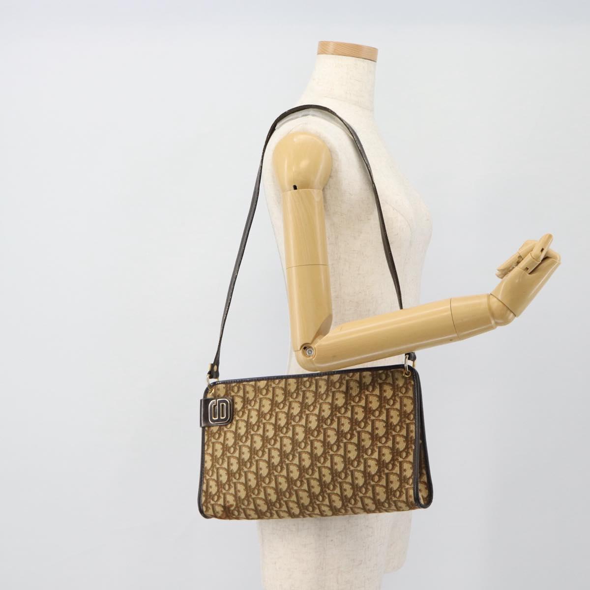 Christian Dior Trotter Canvas Shoulder Bag Beige Gold Auth 178914