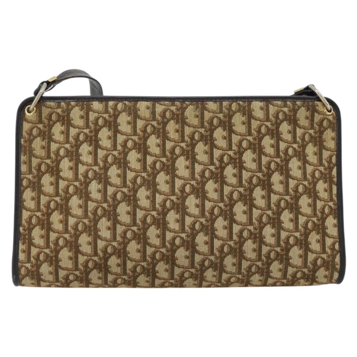 Christian Dior Trotter Canvas Shoulder Bag Beige Gold Auth 178914