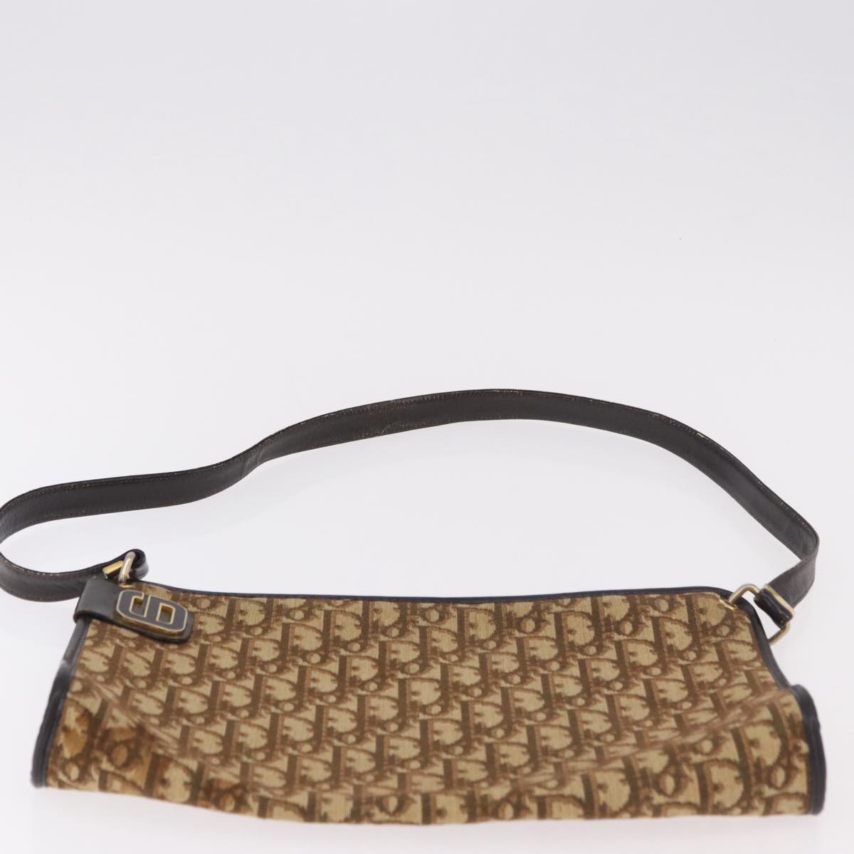 Christian Dior Trotter Canvas Shoulder Bag Beige Gold Auth 178914