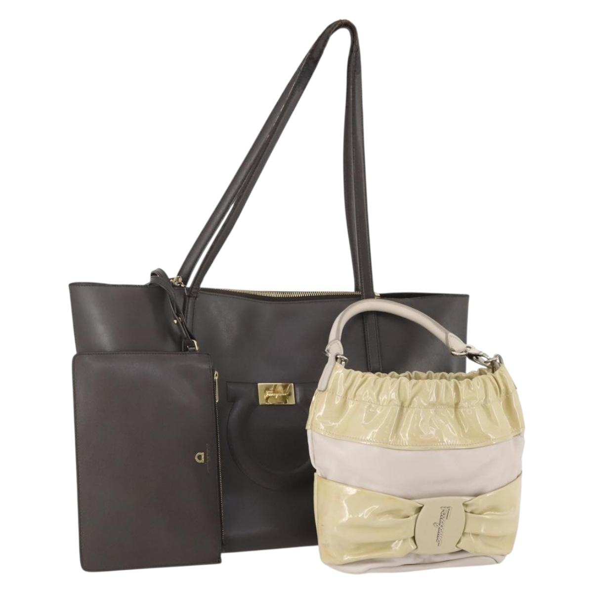 Salvatore Ferragamo Tote Bag Leather 2 Set Dark Brown Ivory Auth 178918
