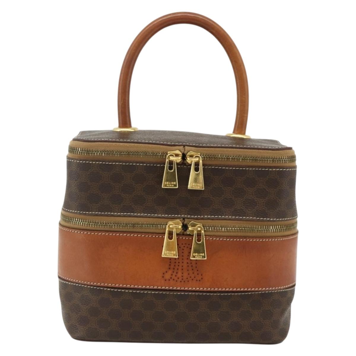 CELINE Macadam Canvas Vanity Hand Bag PVC Leather Brown Gold Auth 178930A