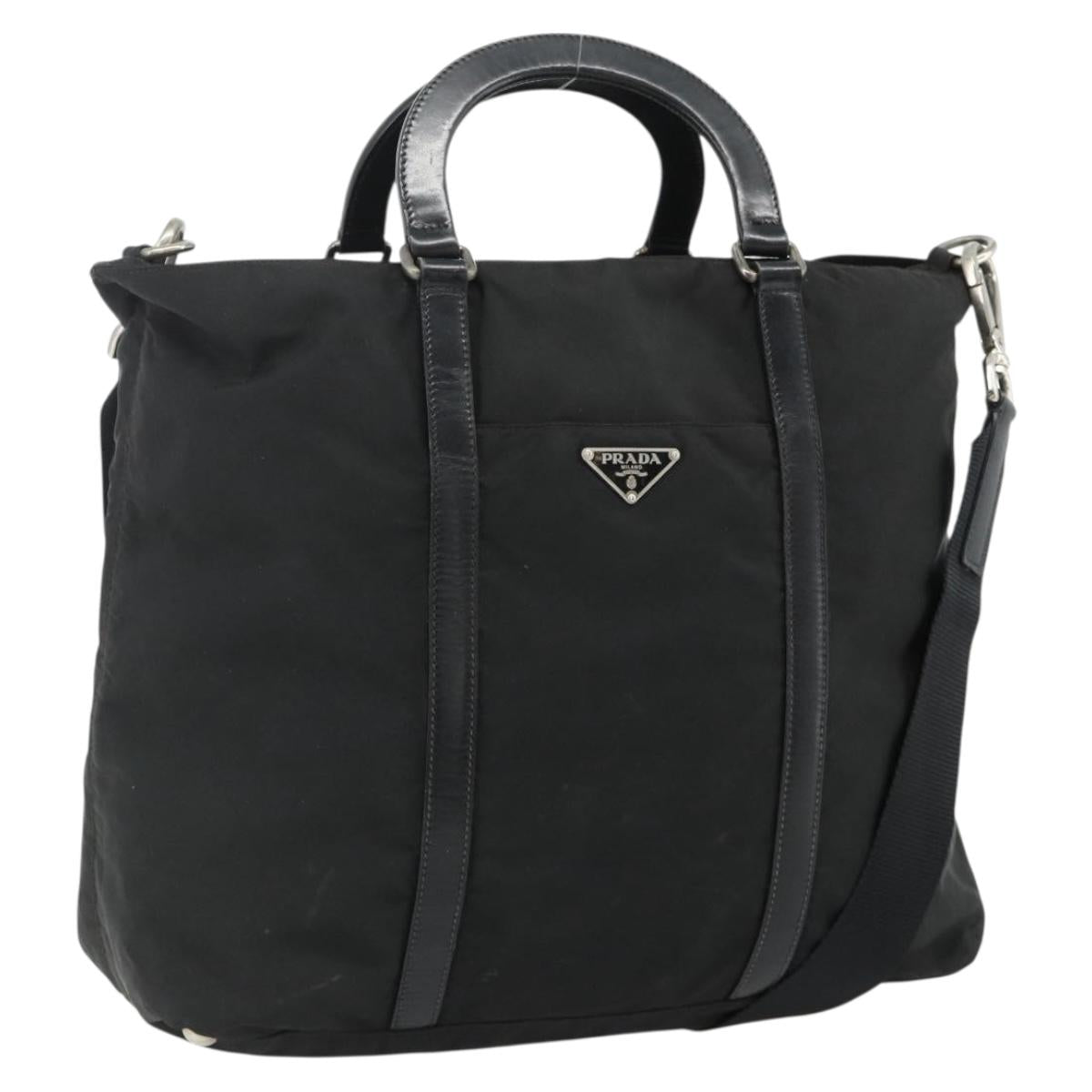 PRADA Hand Bag Nylon 2way Black Silver Auth 178940