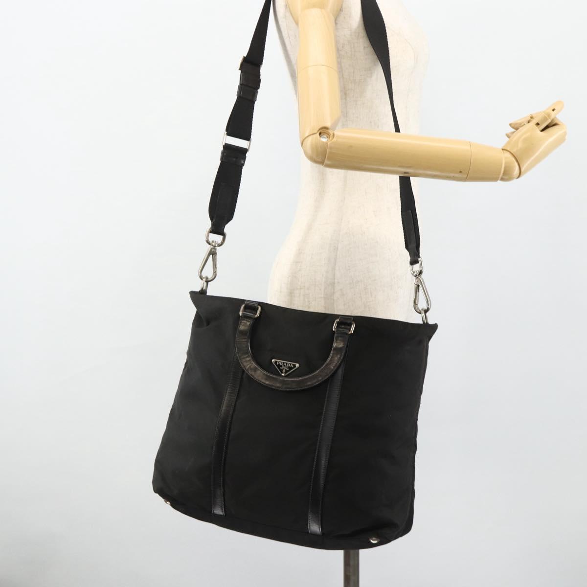 PRADA Hand Bag Nylon 2way Black Silver Auth 178940