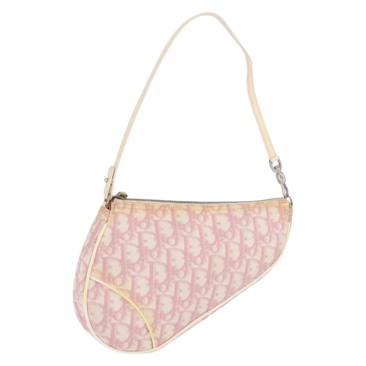 Christian Dior Trotter Canvas Saddle Pouch PVC Pink Silver Auth 178955