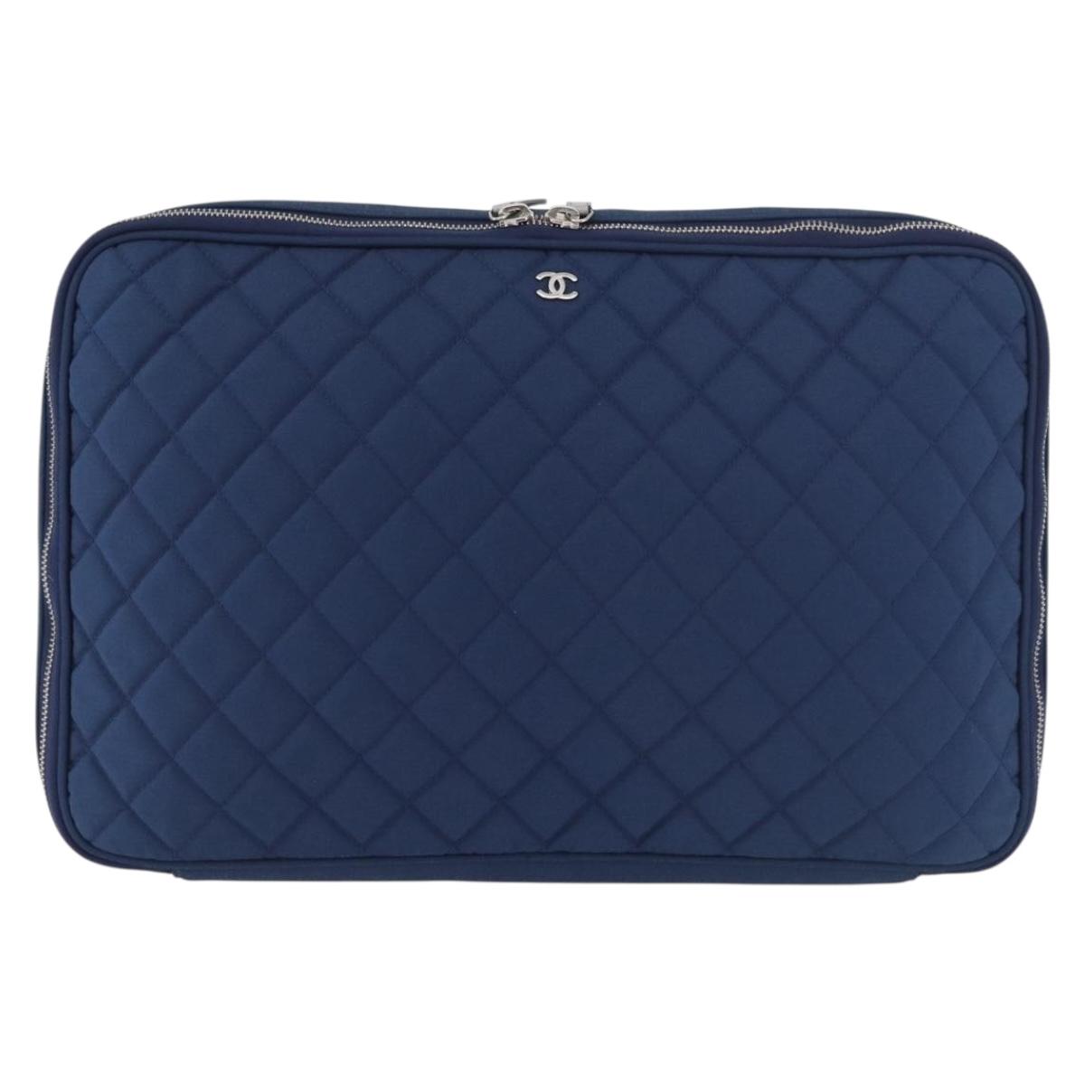 CHANEL Matelasse Christmas 2012 PC Case Nylon Blue Silver CC Auth 178958A