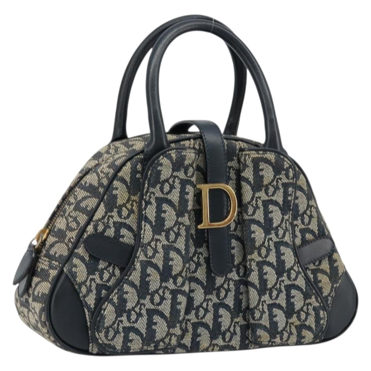 Christian Dior Trotter Canvas Double Saddle Boston Bag Navy Gold Auth 178964A