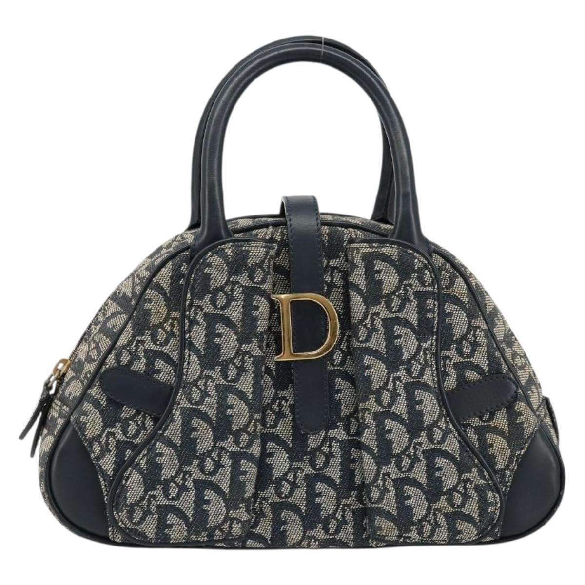 Christian Dior Trotter Canvas Double Saddle Boston Bag Navy Gold Auth 178964A