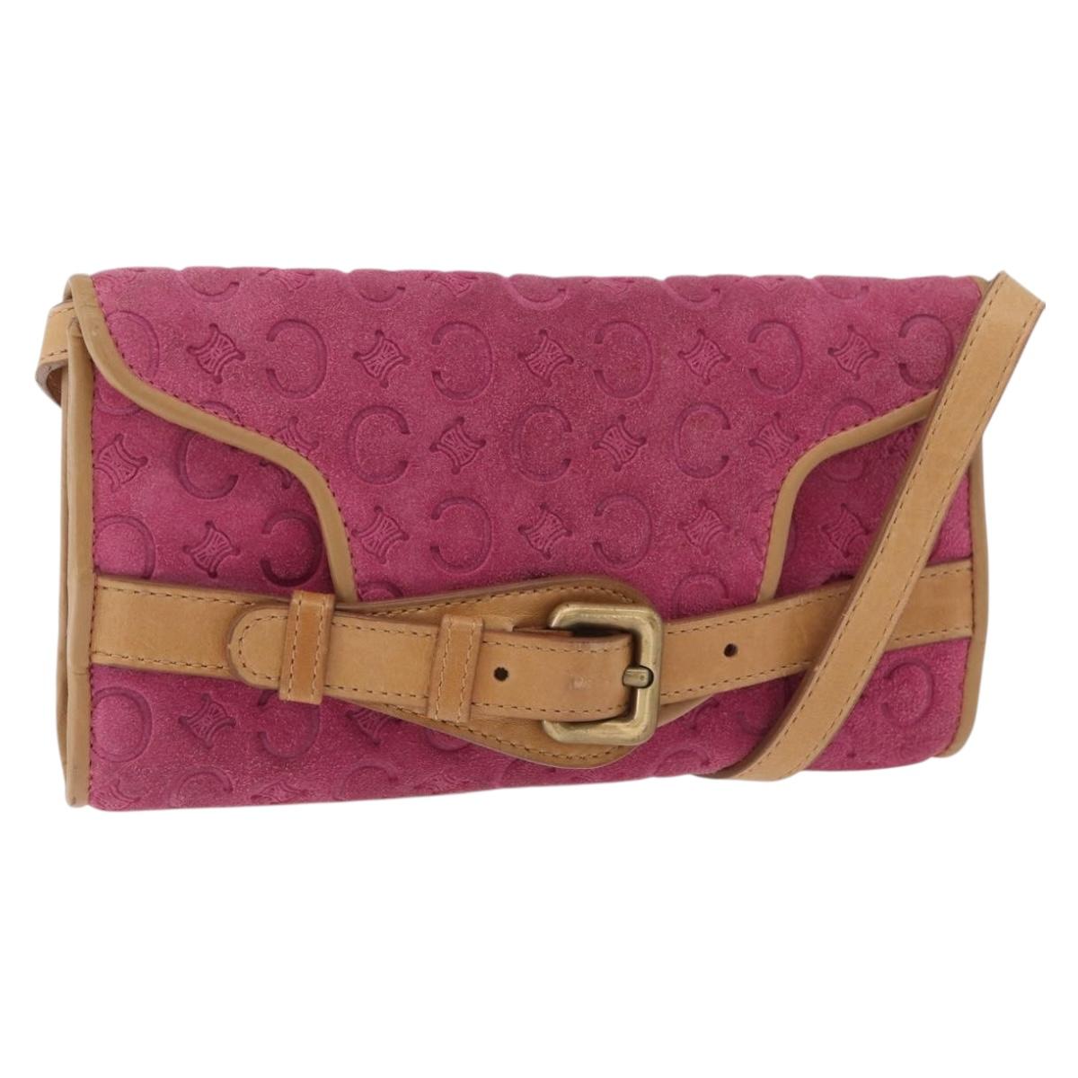 CELINE C Macadam Canvas Shoulder Bag Suede Pink Gold Auth 178989A