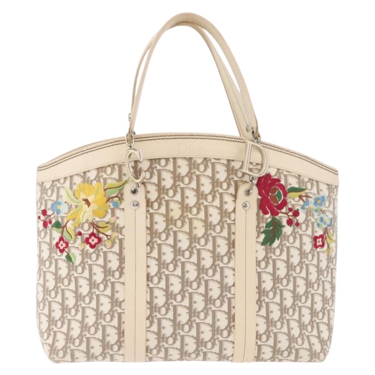 Christian Dior Trotter Canvas Tote Bag Beige Silver Auth 179002A