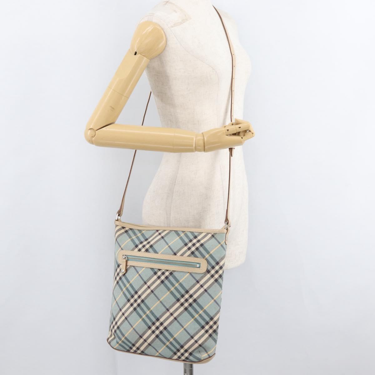 BURBERRY Nova Check Blue Label Shoulder Bag Canvas Light Blue Silver Auth 179010