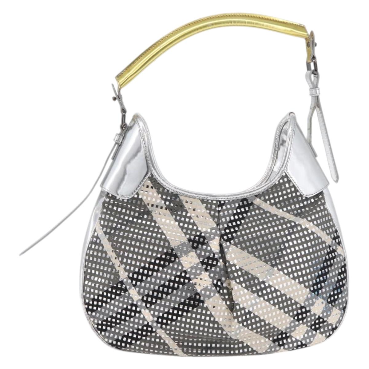BURBERRY Nova Check Shoulder Bag Leather Silver Auth 179014