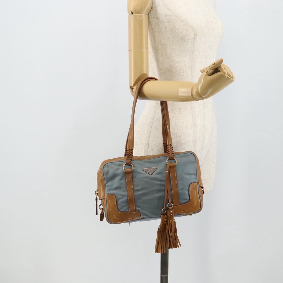 PRADA Shoulder Bag Nylon Light Blue Gold Auth 179021