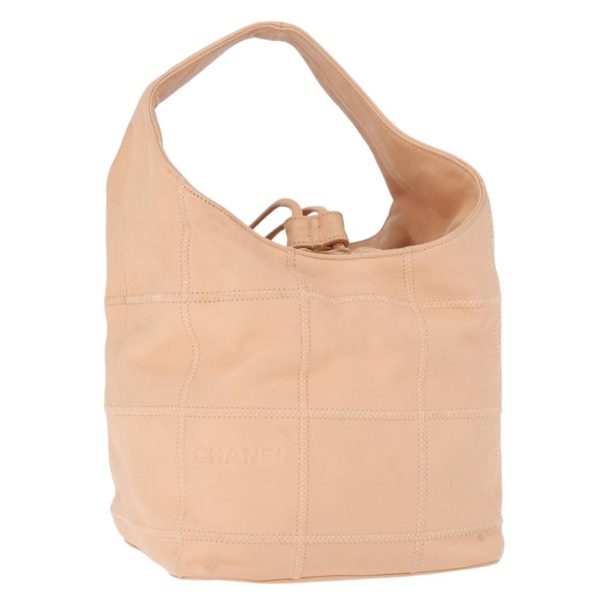 CHANEL Choco Bar Hand Bag Leather Beige CC Auth 179026A