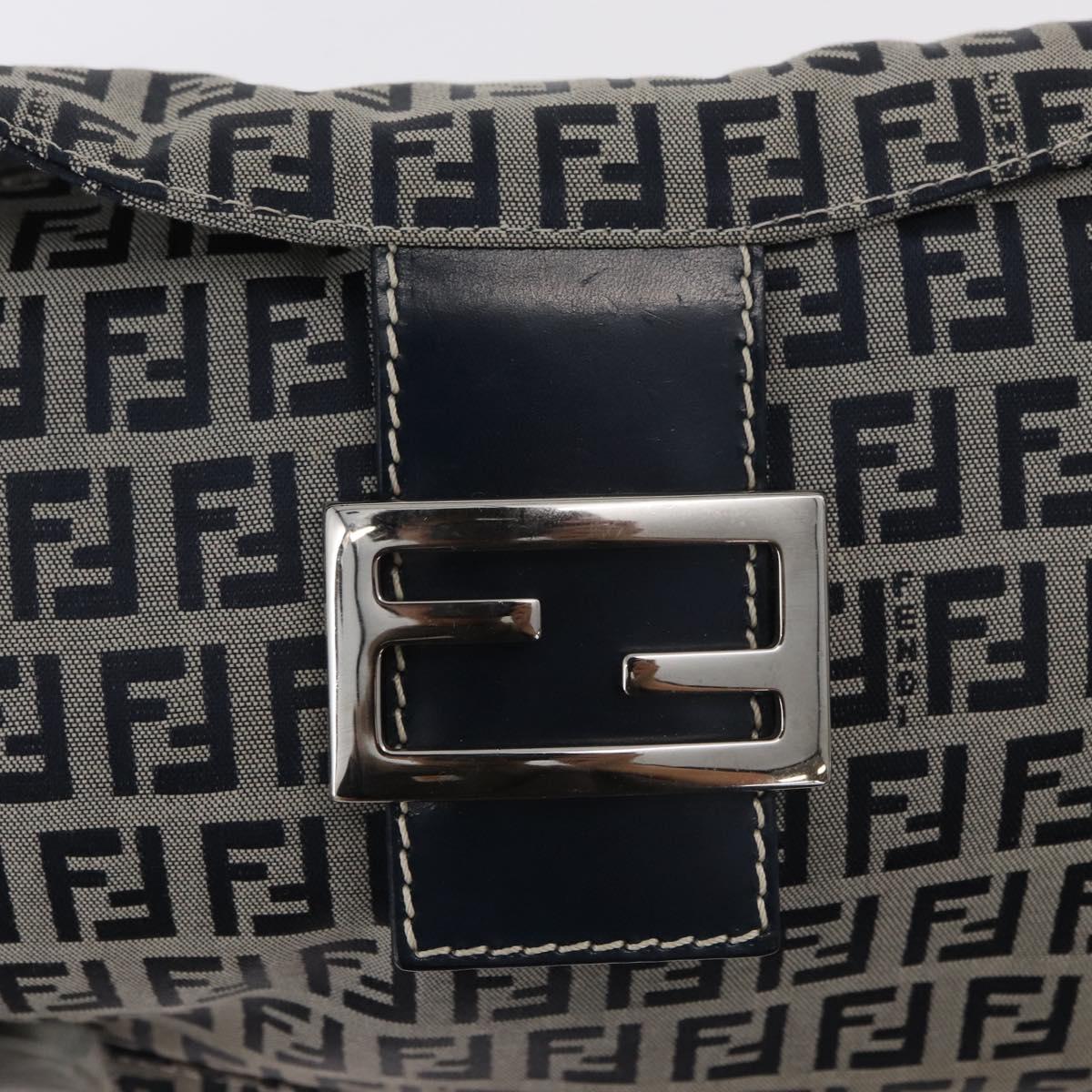 FENDI Zucchino Canvas Mamma Baguette Shoulder Bag Navy Silver Auth 179028SAV