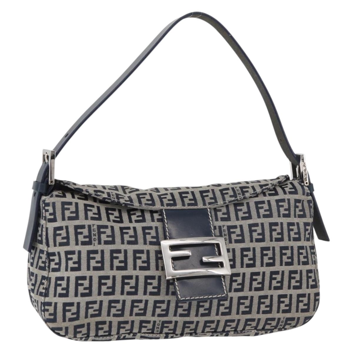FENDI Zucchino Canvas Mamma Baguette Shoulder Bag Navy Silver Auth 179028SAV