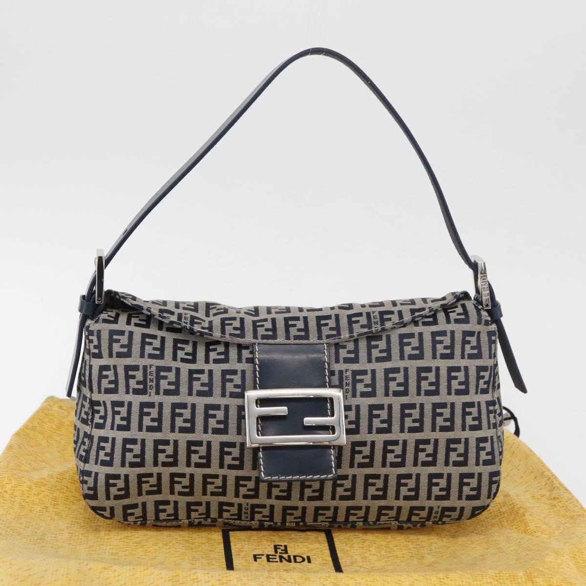 FENDI Zucchino Canvas Mamma Baguette Shoulder Bag Navy Silver Auth 179028SAV