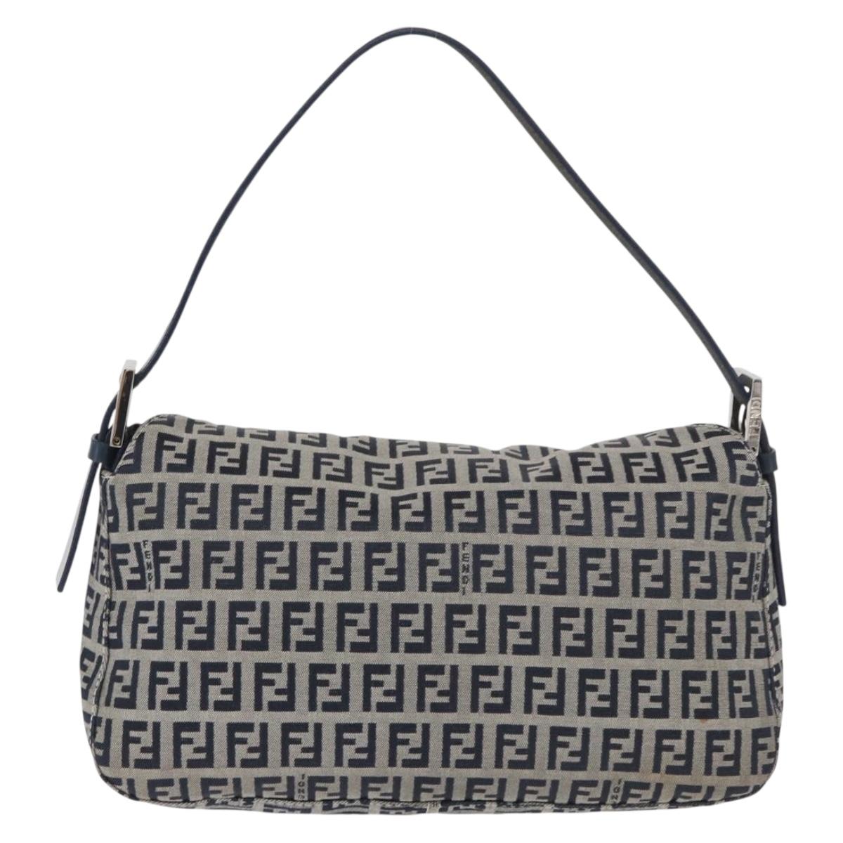 FENDI Zucchino Canvas Mamma Baguette Shoulder Bag Navy Silver Auth 179028SAV