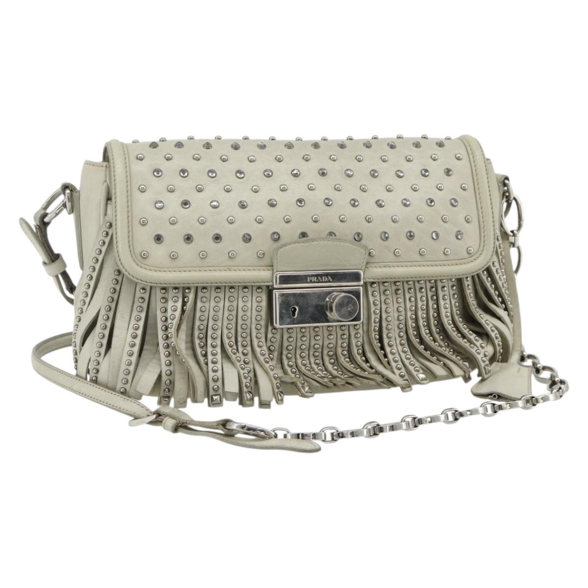 PRADA Chain Shoulder Bag Leather Silver Ivory Auth 179041A